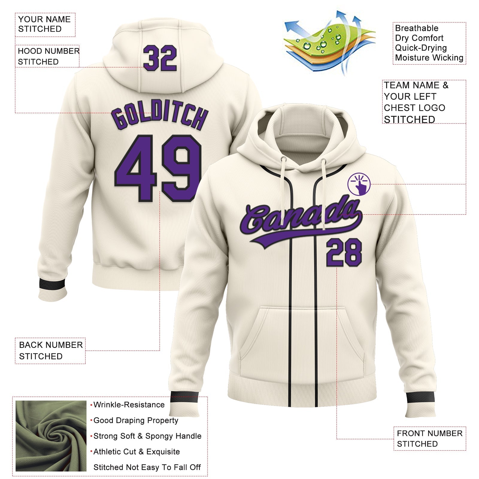 Custom Stitched Cream Purple-Black Baseball Pullover Sweatshirt Hoodie view 2