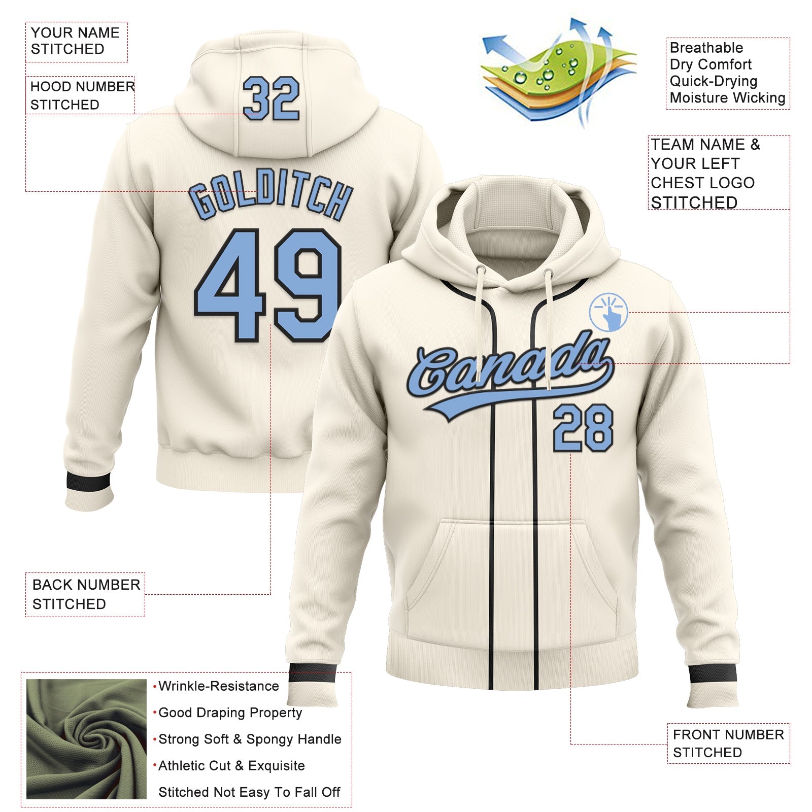 Custom Stitched Cream Light Blue-Black Baseball Pullover Sweatshirt Hoodie view 2
