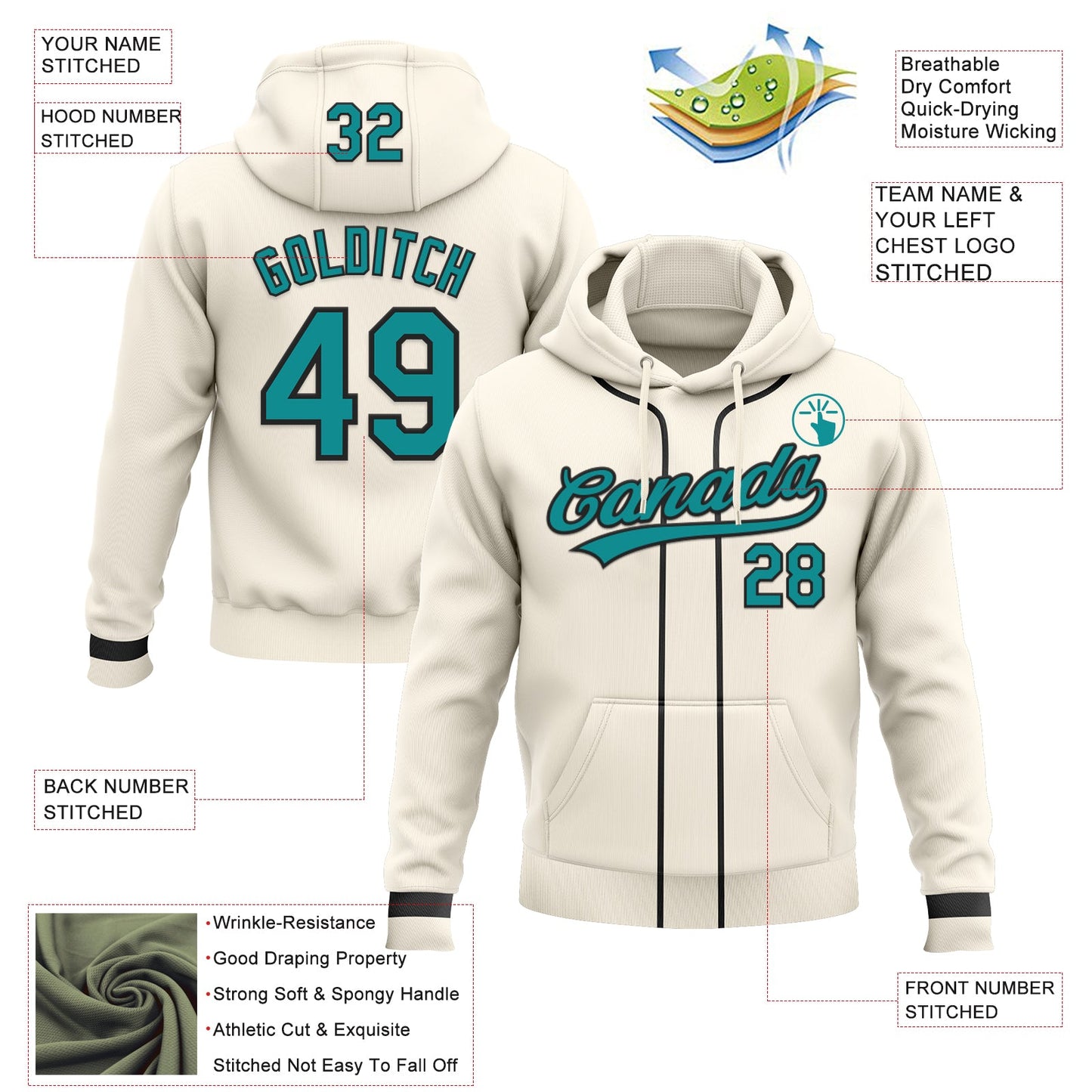 Custom Stitched Cream Teal-Black Baseball Pullover Sweatshirt Hoodie view 2