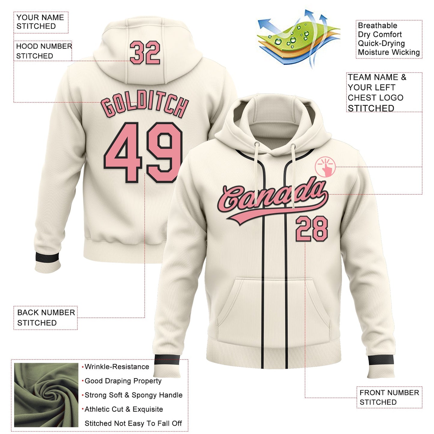 Custom Stitched Cream Medium Pink-Black Baseball Pullover Sweatshirt Hoodie view 2