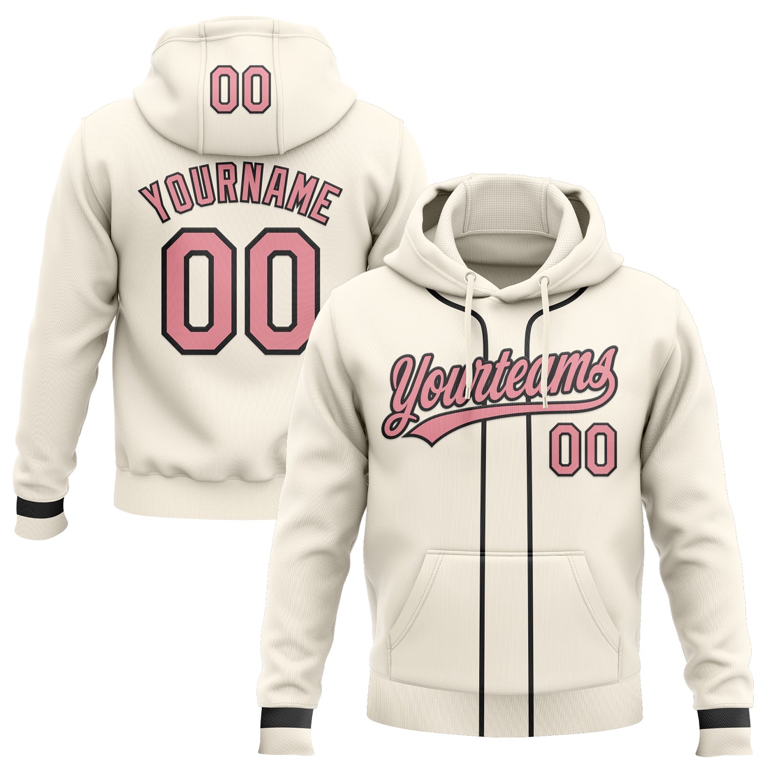 Custom Stitched Cream Medium Pink-Black Baseball Pullover Sweatshirt Hoodie - Main View