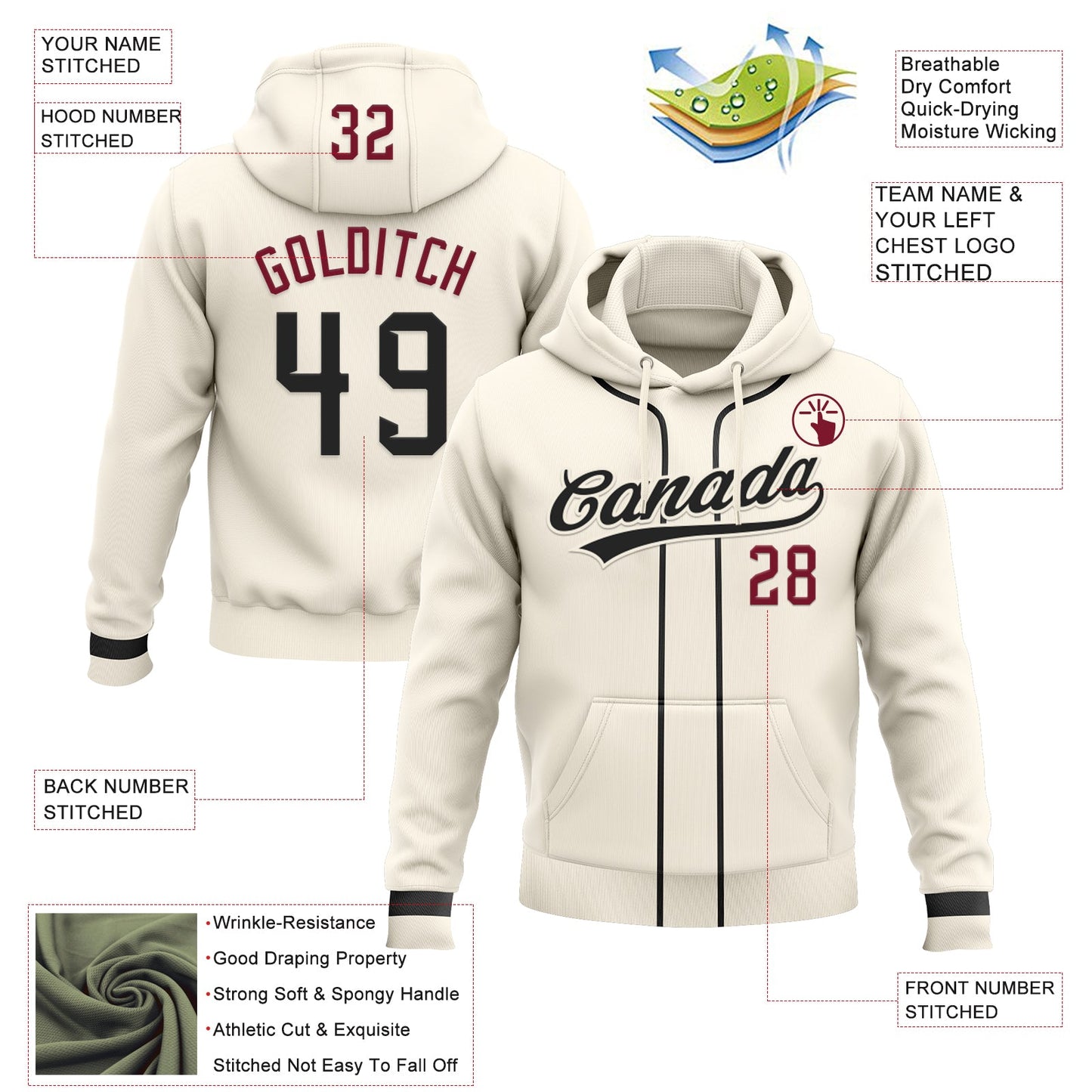 Custom Stitched Cream Black-Crimson Baseball Pullover Sweatshirt Hoodie view 2