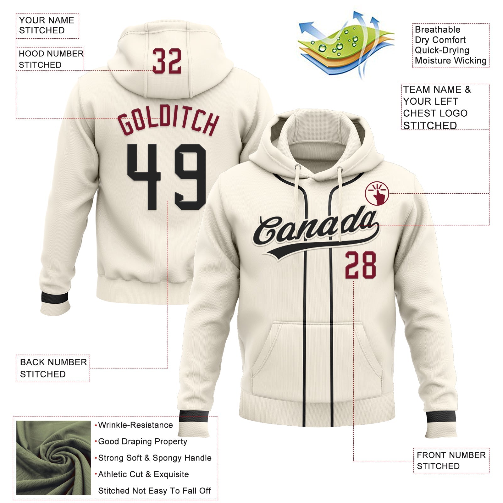 Custom Stitched Cream Black-Crimson Baseball Pullover Sweatshirt Hoodie view 2