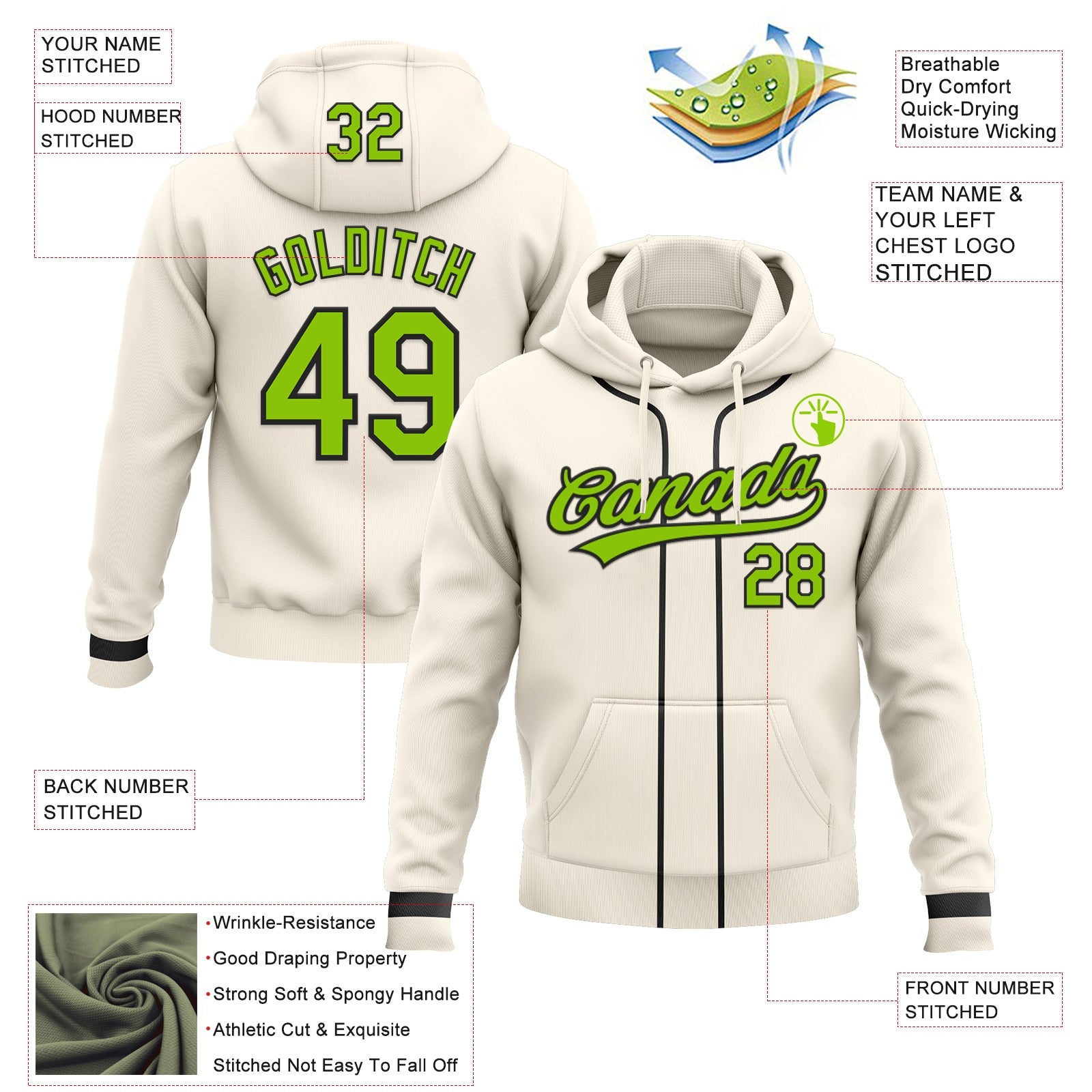 Custom Stitched Cream Neon Green-Black Baseball Pullover Sweatshirt Hoodie view 2