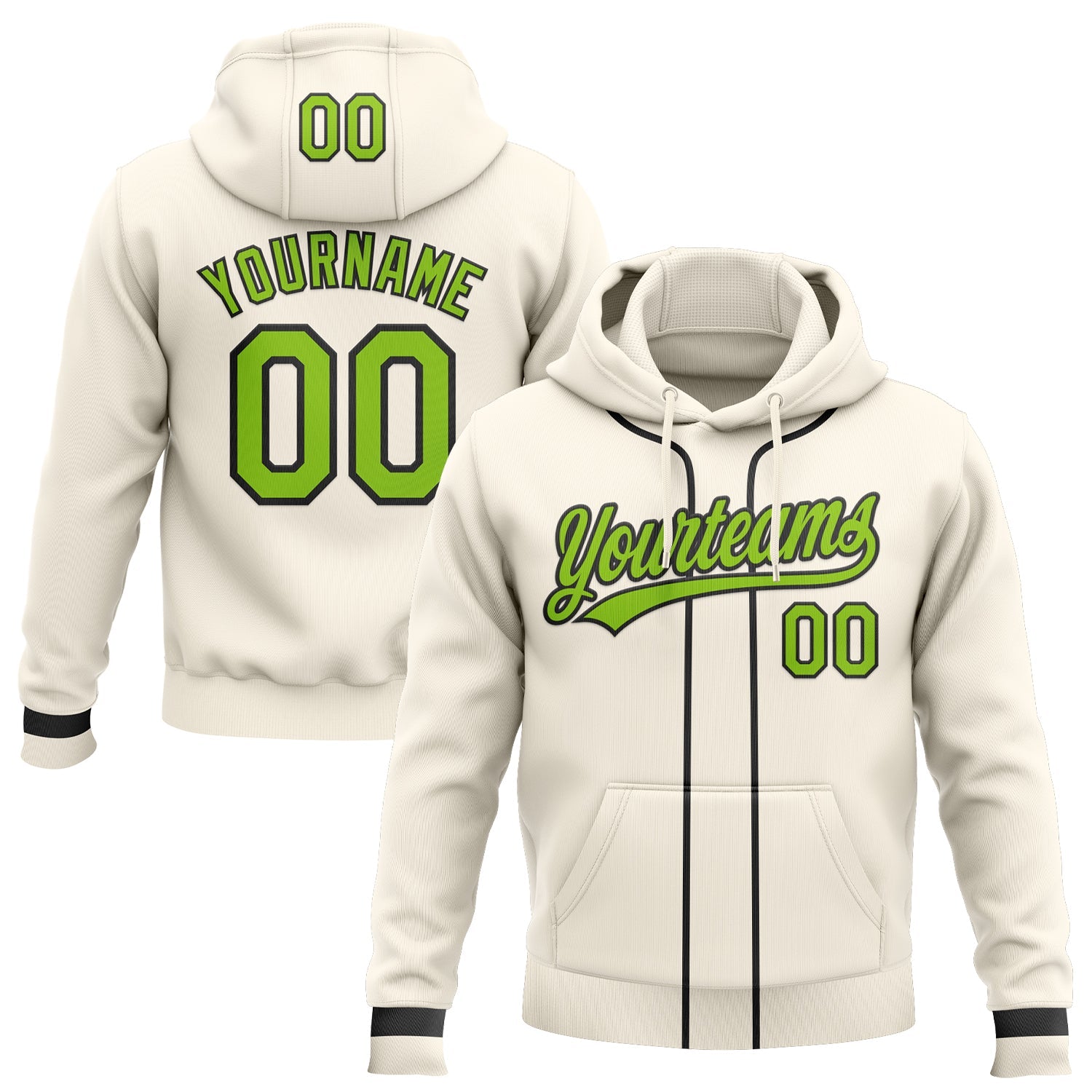 Custom Stitched Cream Neon Green-Black Baseball Pullover Sweatshirt Hoodie - Main View