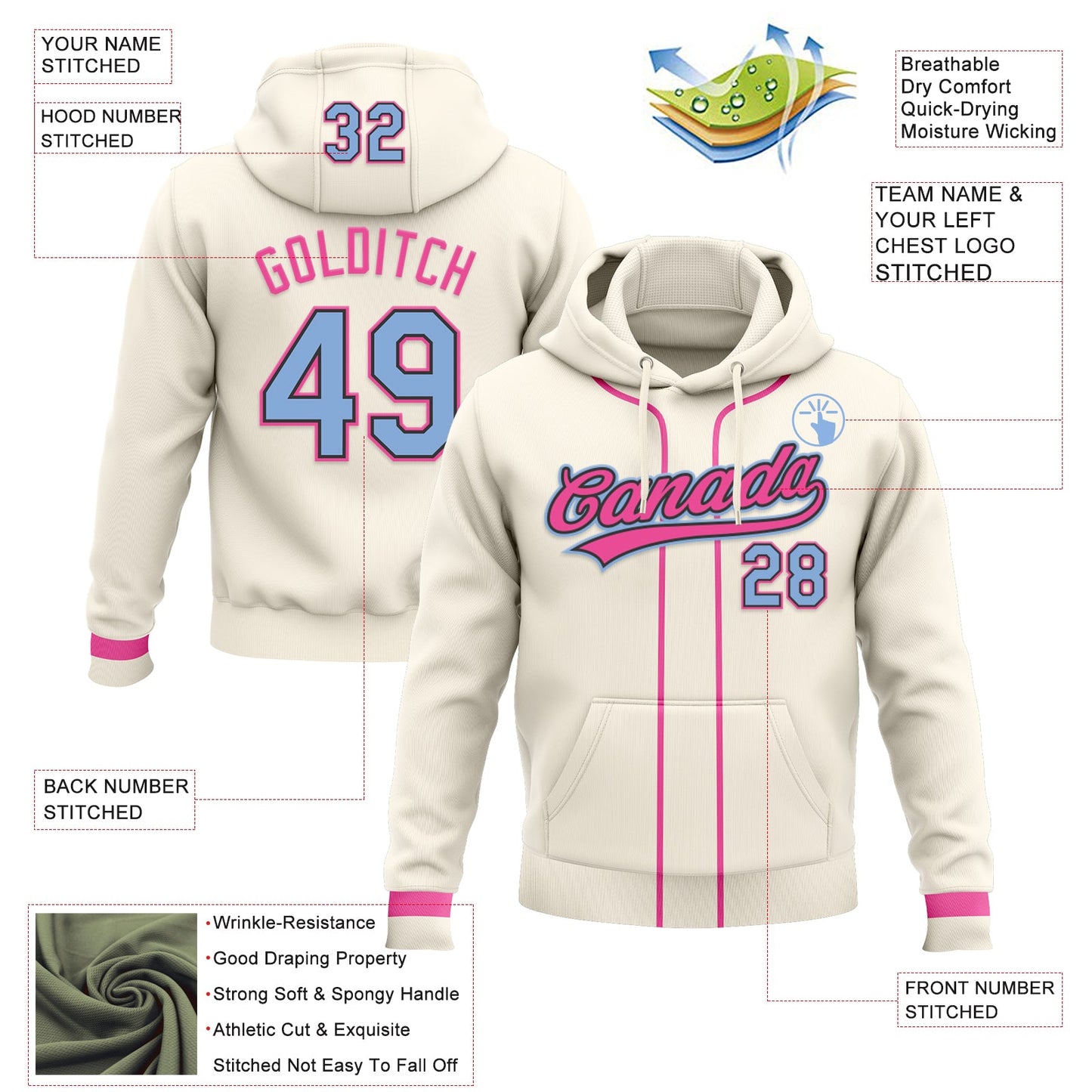 Custom Stitched Cream Light Blue Pink-Black Baseball Pullover Sweatshirt Hoodie view 2