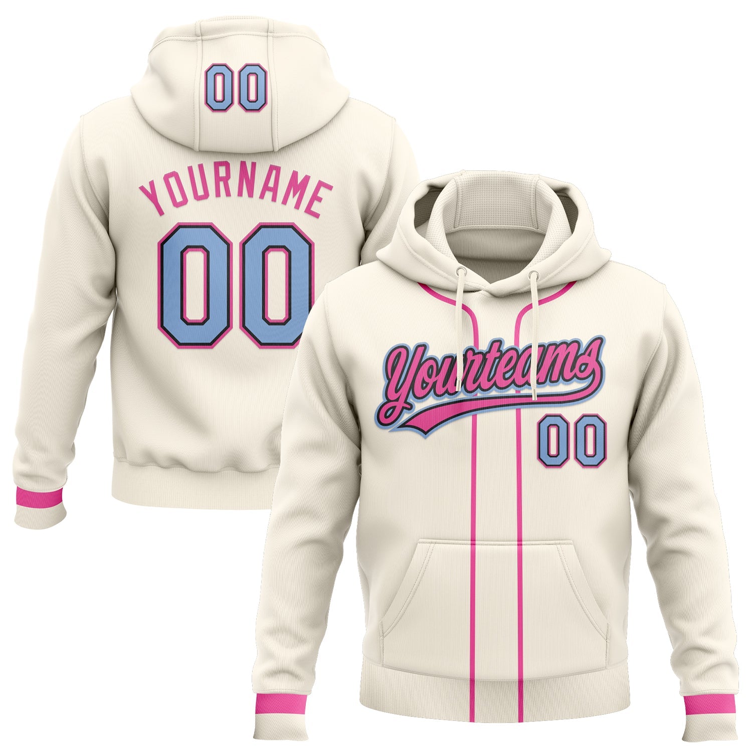 Custom Stitched Cream Light Blue Pink-Black Baseball Pullover Sweatshirt Hoodie - Main View