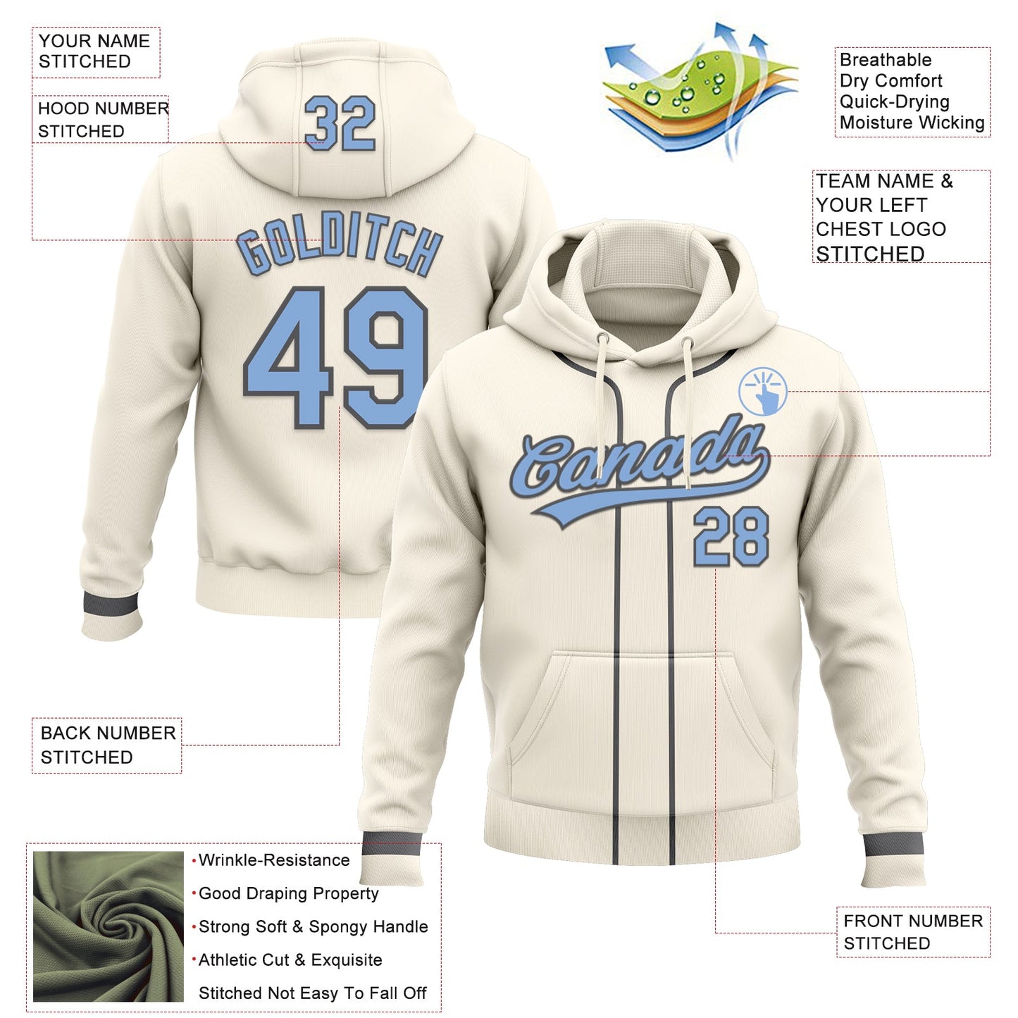 Custom Stitched Cream Light Blue-Steel Gray Baseball Pullover Sweatshirt Hoodie view 2