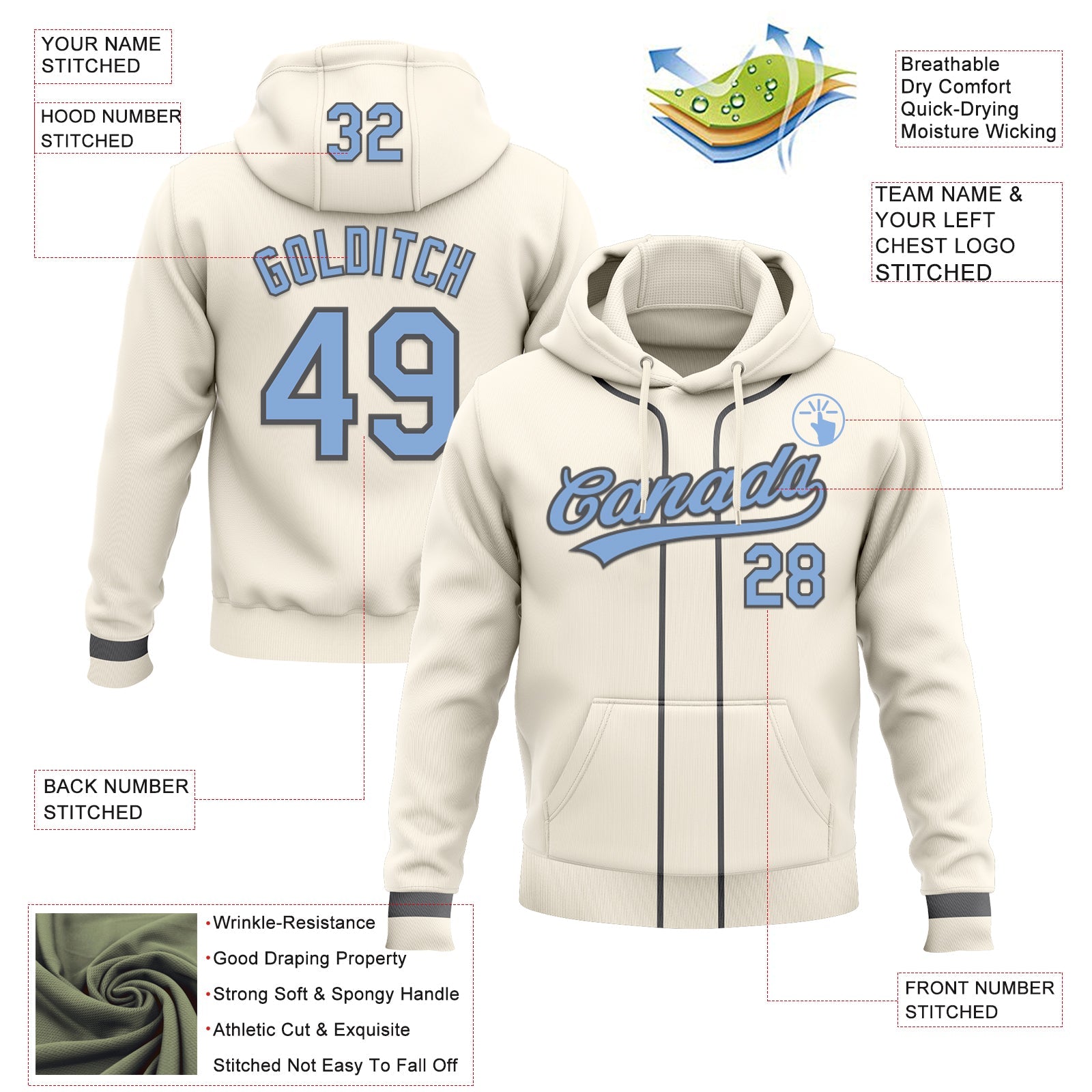 Custom Stitched Cream Light Blue-Steel Gray Baseball Pullover Sweatshirt Hoodie view 2