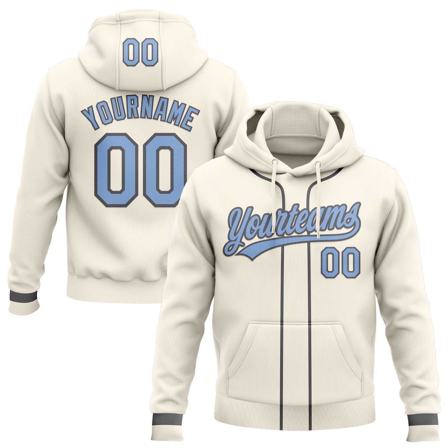 Custom Stitched Cream Light Blue-Steel Gray Baseball Pullover Sweatshirt Hoodie - Main View