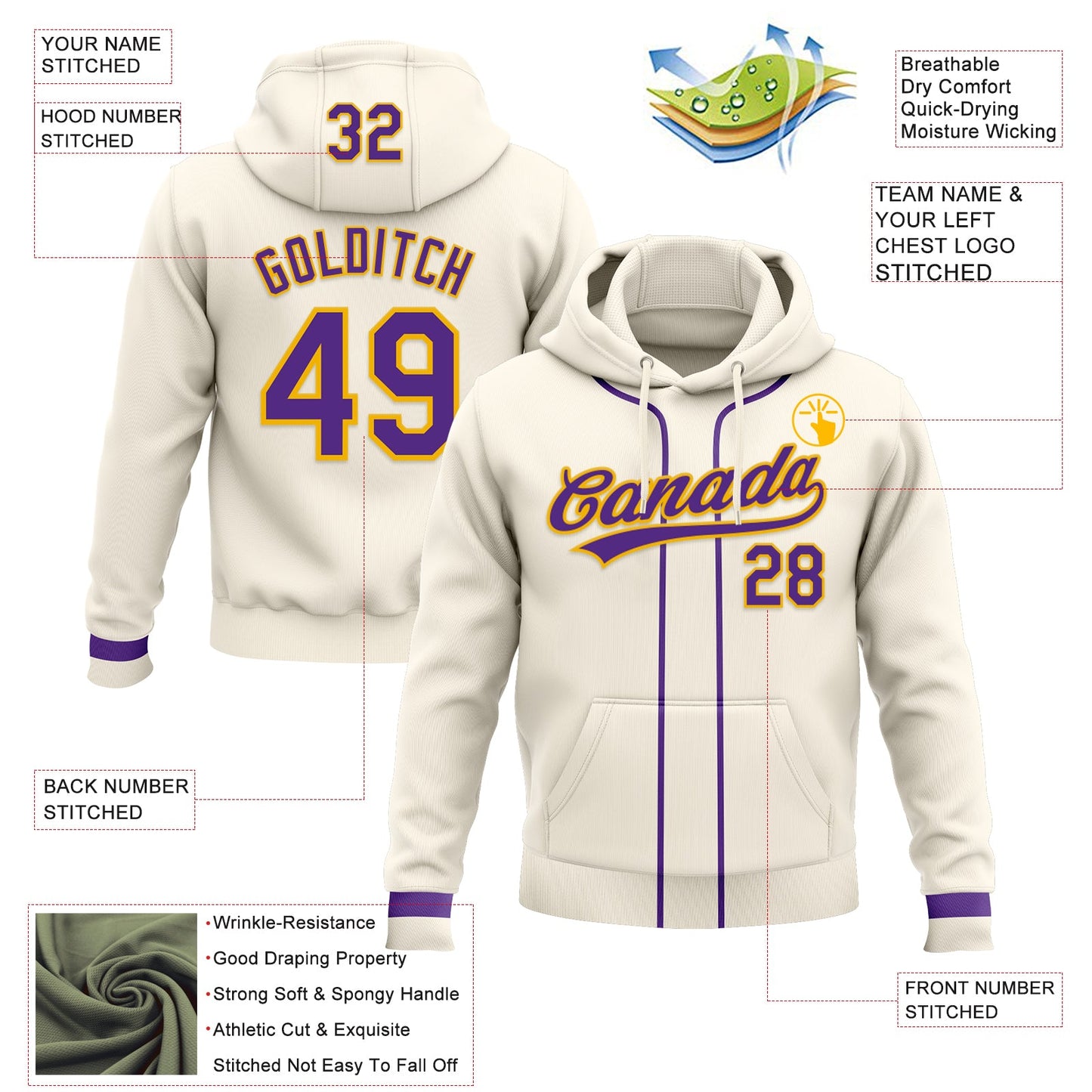Custom Stitched Cream Purple-Gold Baseball Pullover Sweatshirt Hoodie view 2