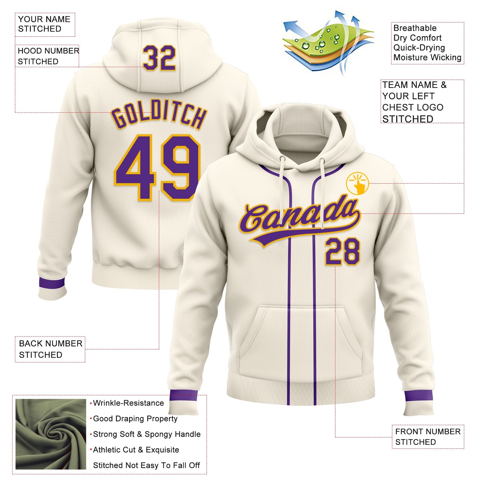 Custom Stitched Cream Purple-Gold Baseball Pullover Sweatshirt Hoodie view 2