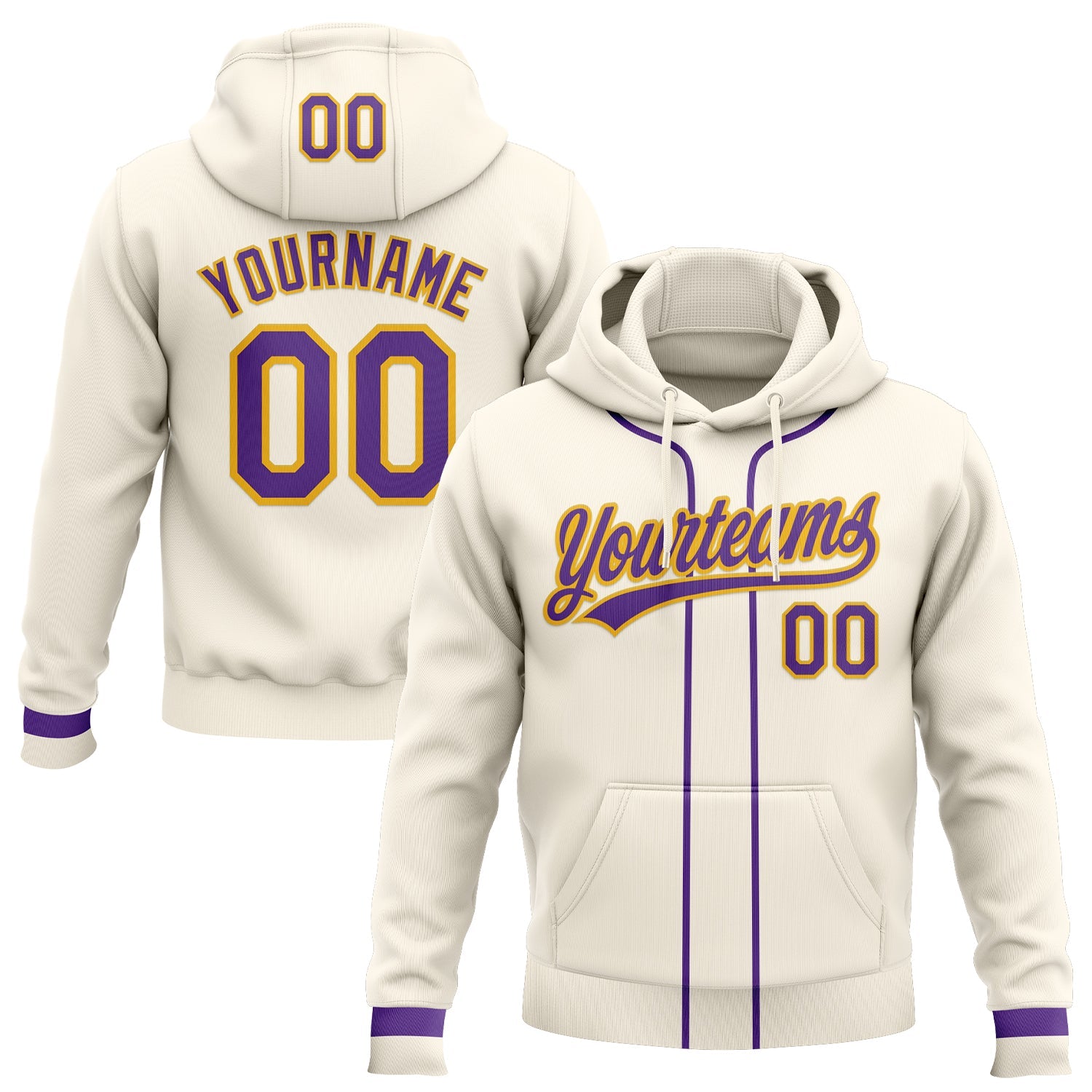 Custom Stitched Cream Purple-Gold Baseball Pullover Sweatshirt Hoodie - Main View