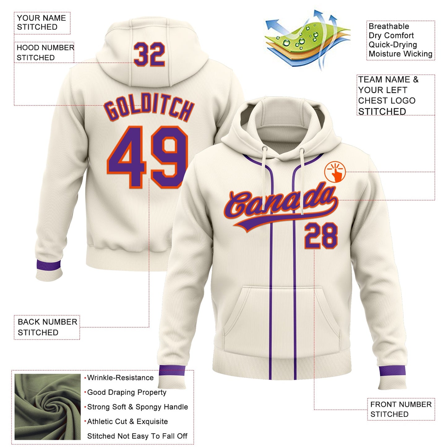 Custom Stitched Cream Purple-Orange Baseball Pullover Sweatshirt Hoodie view 2