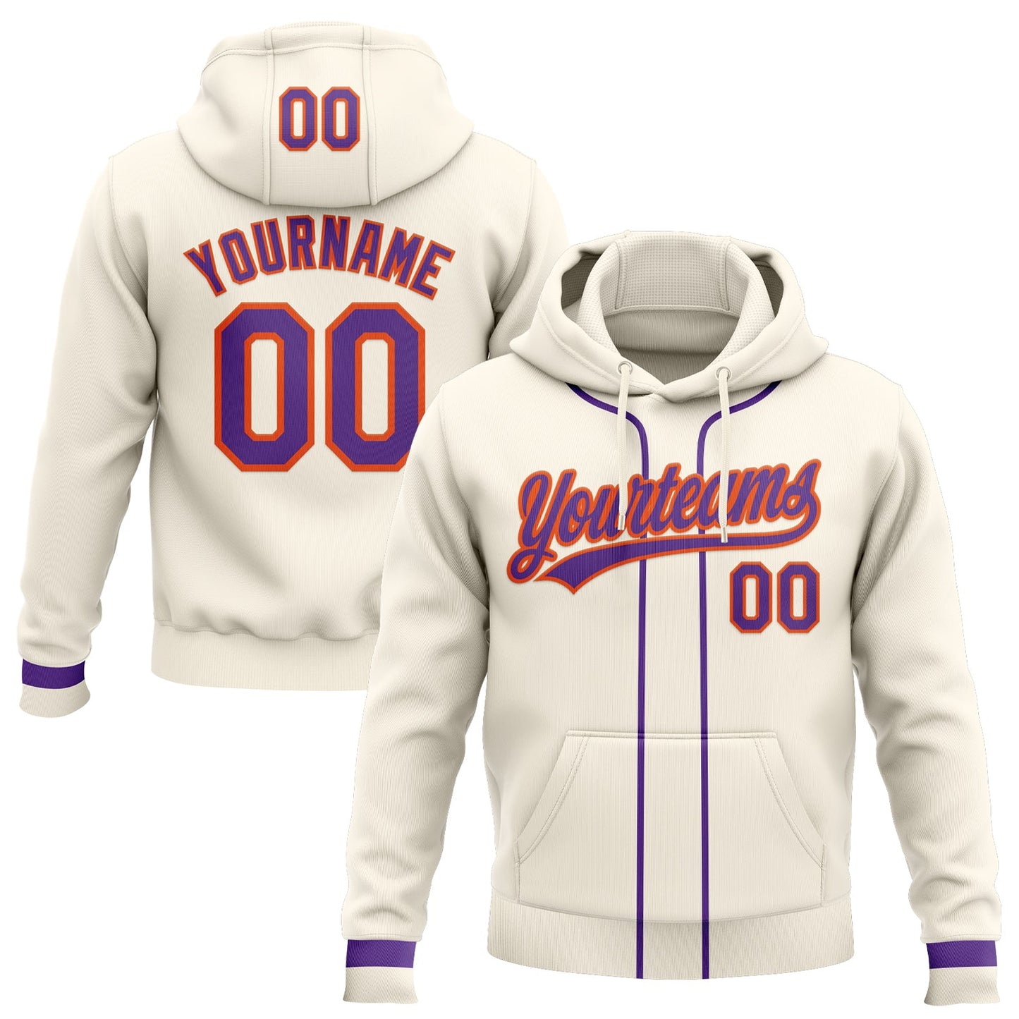 Custom Stitched Cream Purple-Orange Baseball Pullover Sweatshirt Hoodie - Main View