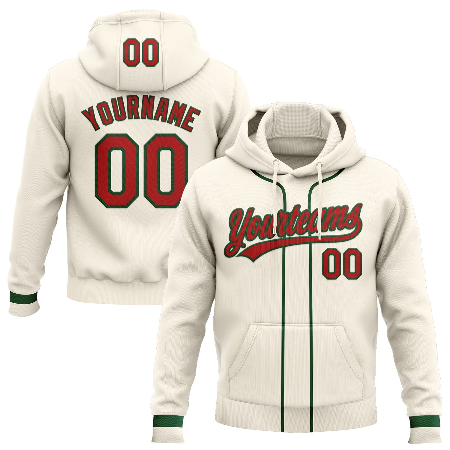 Custom Stitched Cream Red-Green Baseball Pullover Sweatshirt Hoodie - Main View