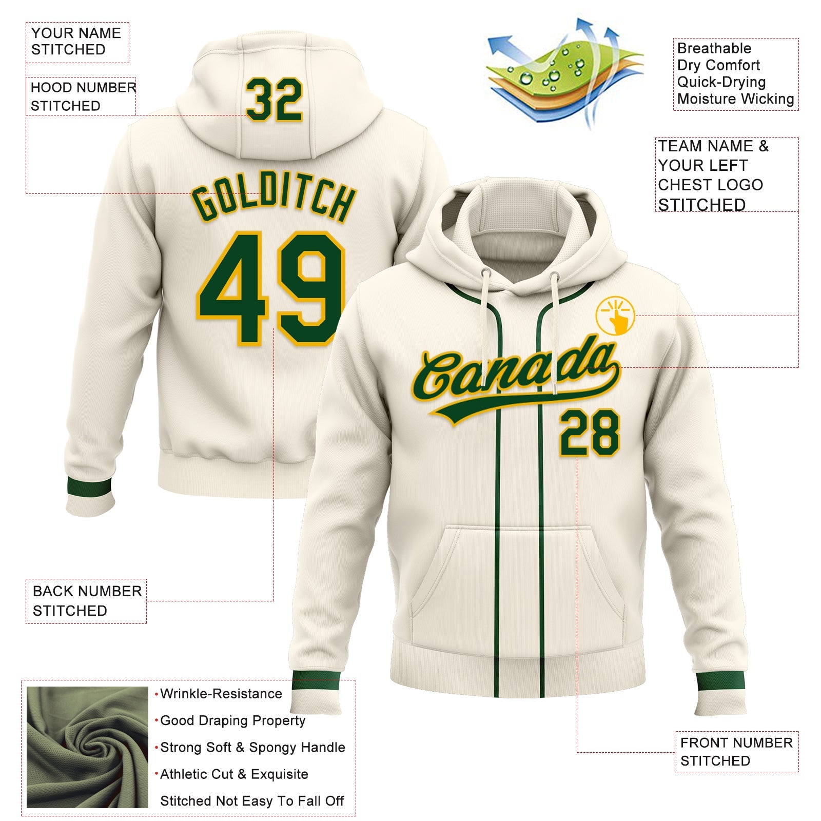 Custom Stitched Cream Green-Gold Baseball Pullover Sweatshirt Hoodie view 2