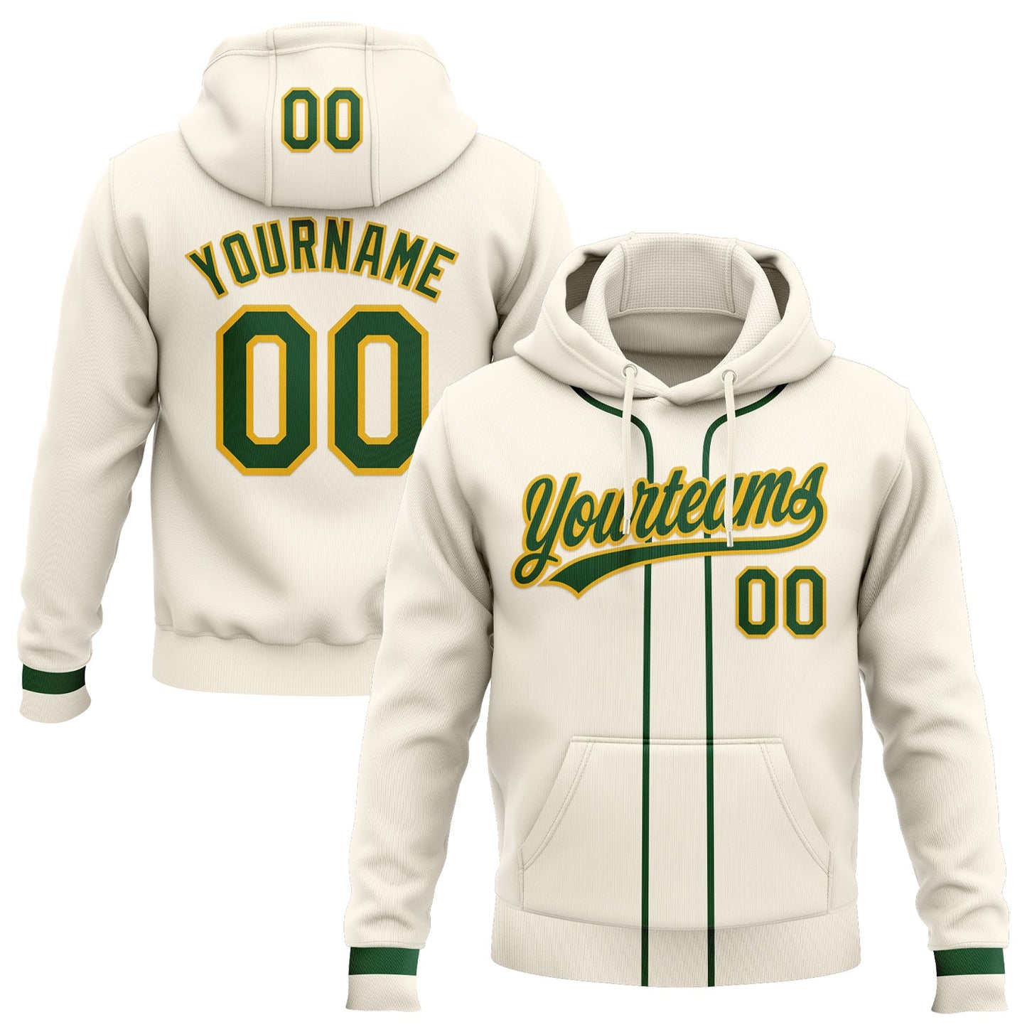 Custom Stitched Cream Green-Gold Baseball Pullover Sweatshirt Hoodie - Main View