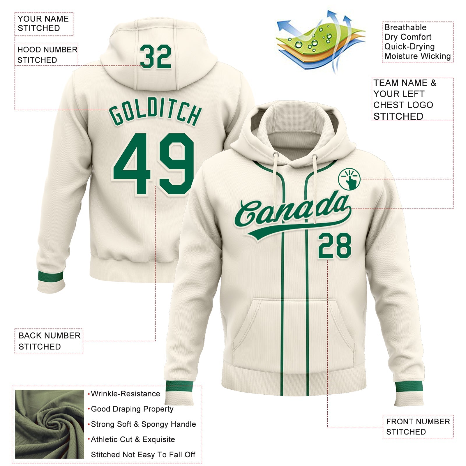 Custom Stitched Cream Kelly Green-Cream Baseball Pullover Sweatshirt Hoodie view 2