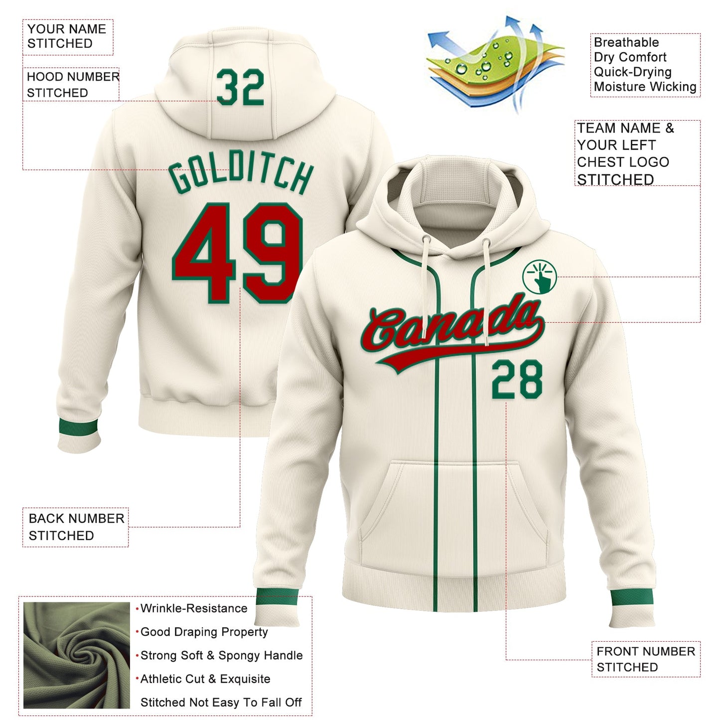 Custom Stitched Cream Red-Kelly Green Baseball Pullover Sweatshirt Hoodie view 2