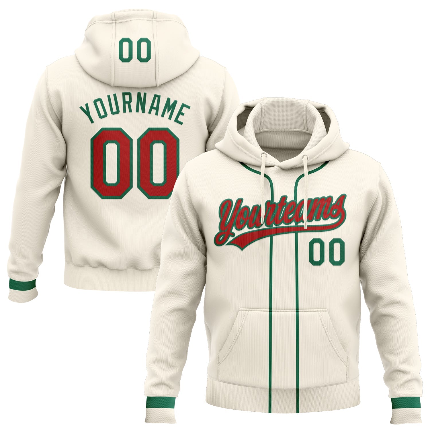 Custom Stitched Cream Red-Kelly Green Baseball Pullover Sweatshirt Hoodie - Main View