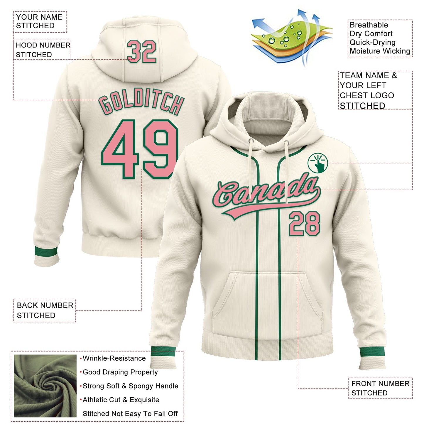 Custom Stitched Cream Medium Pink-Kelly Green Baseball Pullover Sweatshirt Hoodie view 2