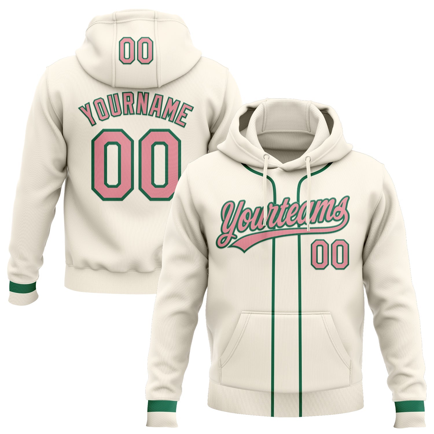 Custom Stitched Cream Medium Pink-Kelly Green Baseball Pullover Sweatshirt Hoodie - Main View