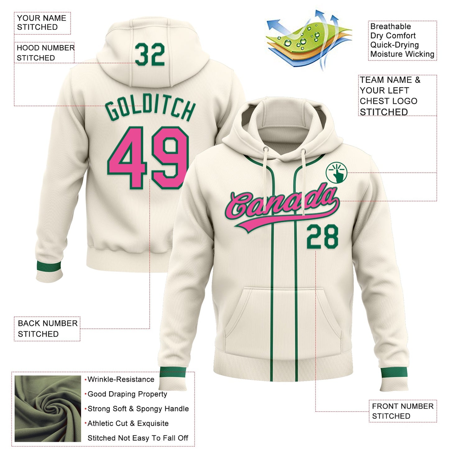 Custom Stitched Cream Pink-Kelly Green Baseball Pullover Sweatshirt Hoodie view 2
