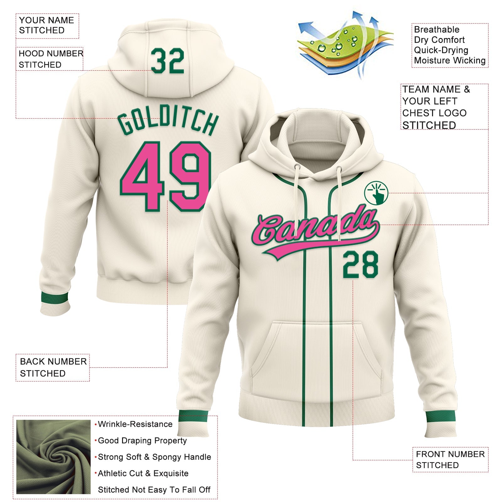 Custom Stitched Cream Pink-Kelly Green Baseball Pullover Sweatshirt Hoodie view 2
