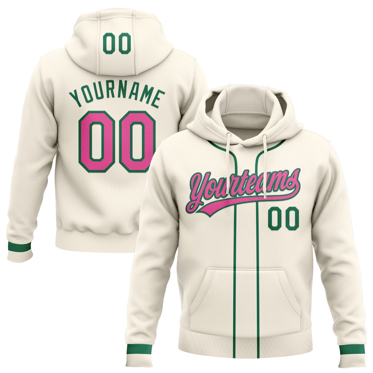 Custom Stitched Cream Pink-Kelly Green Baseball Pullover Sweatshirt Hoodie - Main View