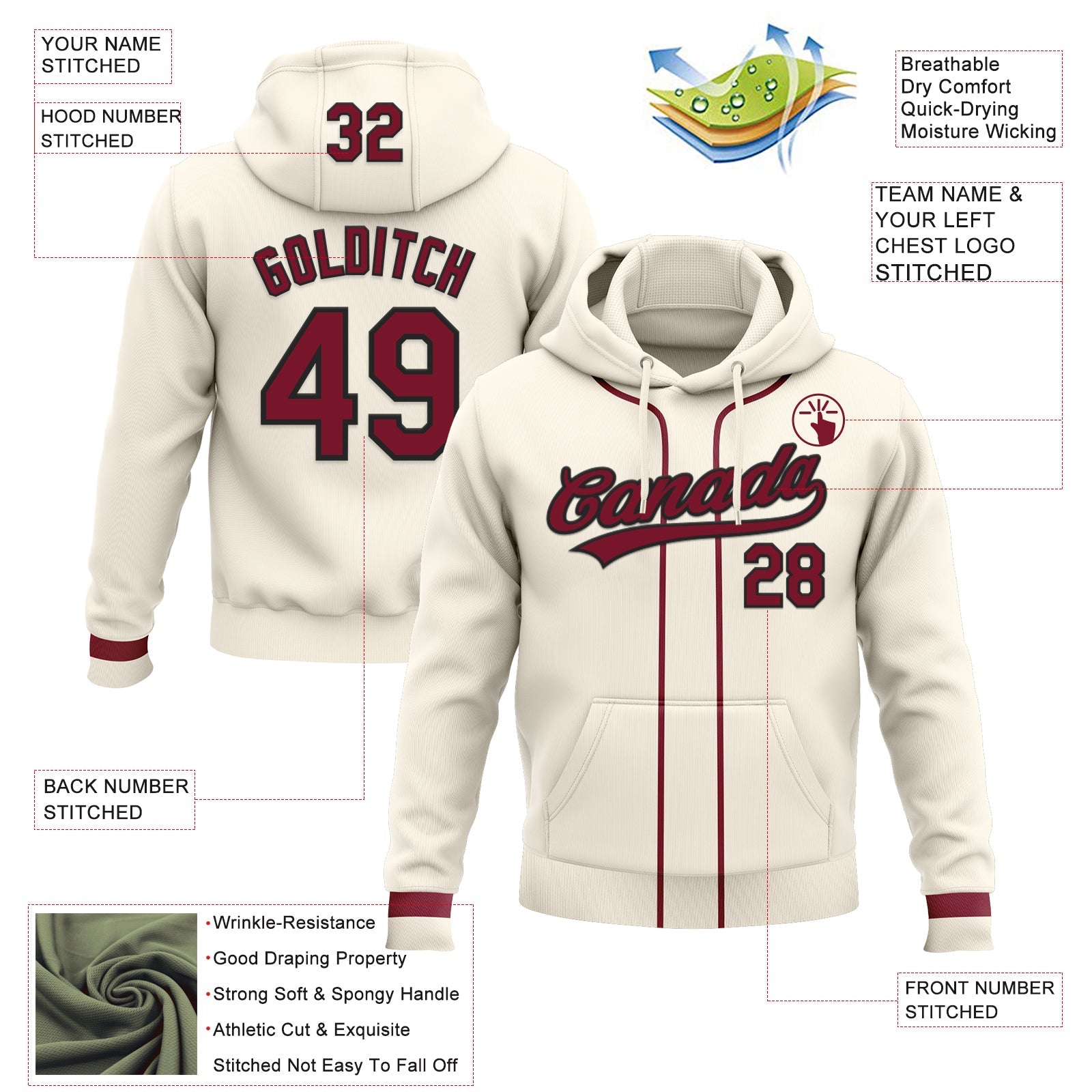Custom Stitched Cream Crimson-Black Baseball Pullover Sweatshirt Hoodie view 2