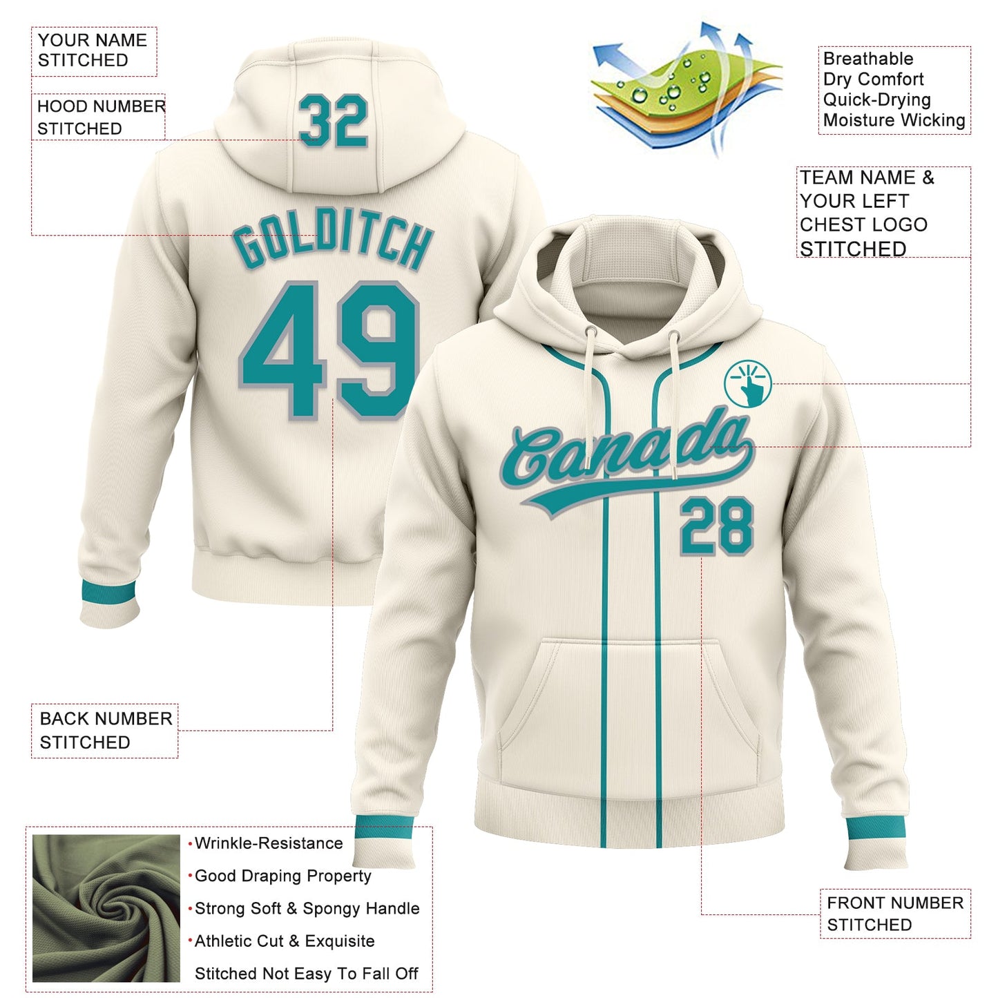 Custom Stitched Cream Teal-Gray Baseball Pullover Sweatshirt Hoodie view 2