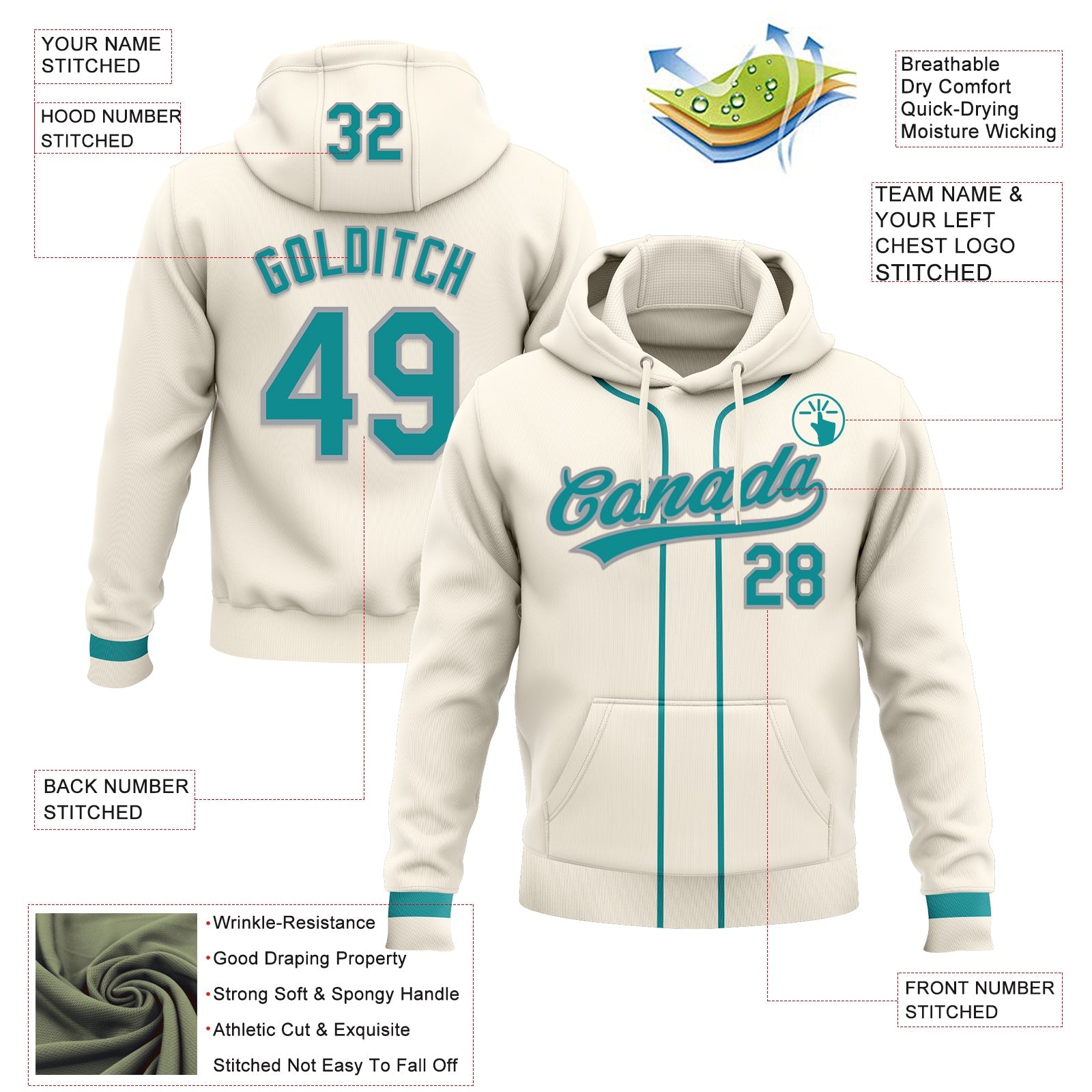 Custom Stitched Cream Teal-Gray Baseball Pullover Sweatshirt Hoodie view 2