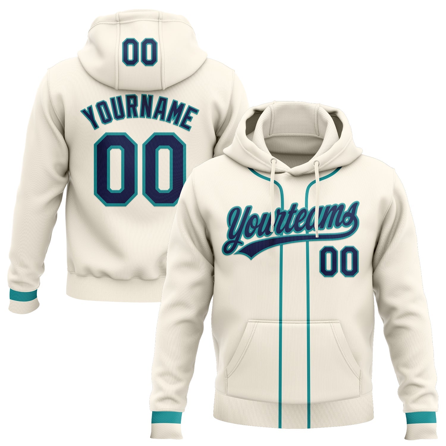 Custom Stitched Cream Navy-Teal Baseball Pullover Sweatshirt Hoodie - Main View