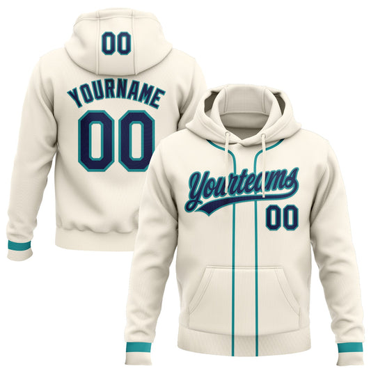 Custom Stitched Cream Navy-Teal Baseball Pullover Sweatshirt Hoodie - Main View