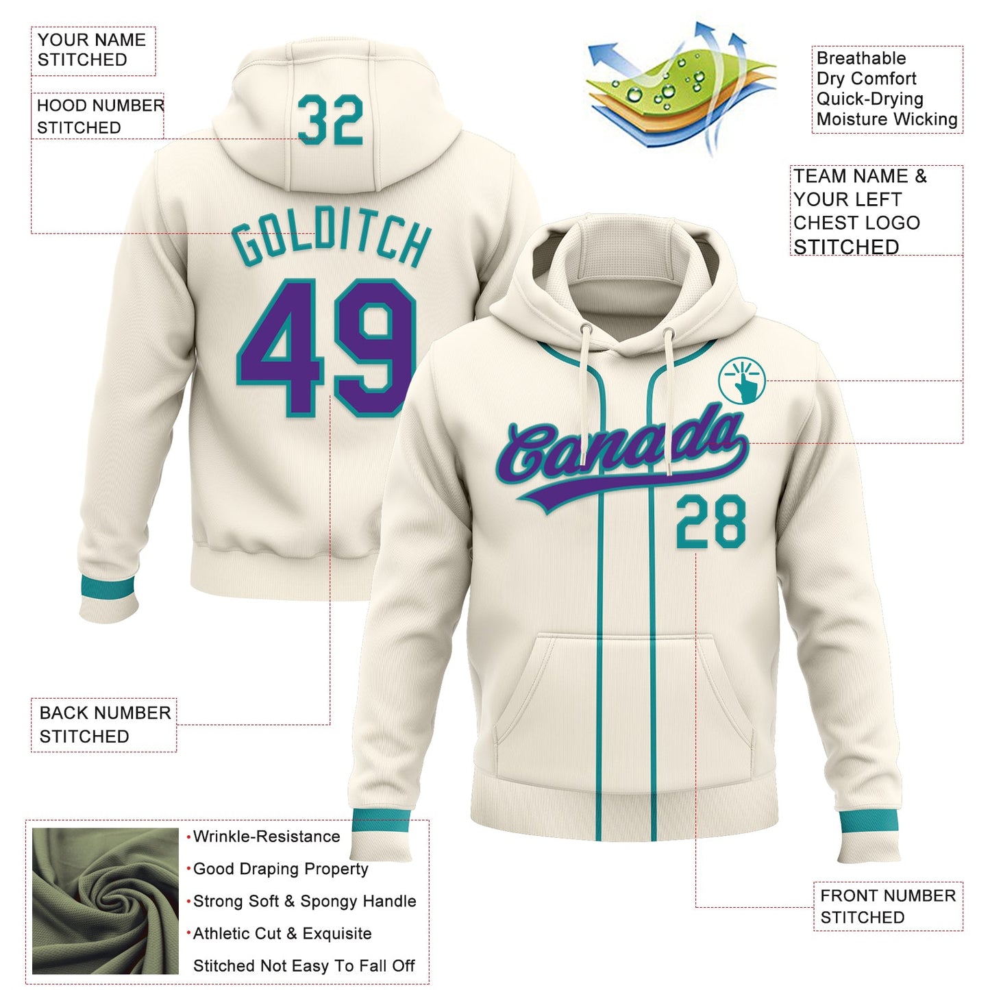 Custom Stitched Cream Purple-Teal Baseball Pullover Sweatshirt Hoodie view 2