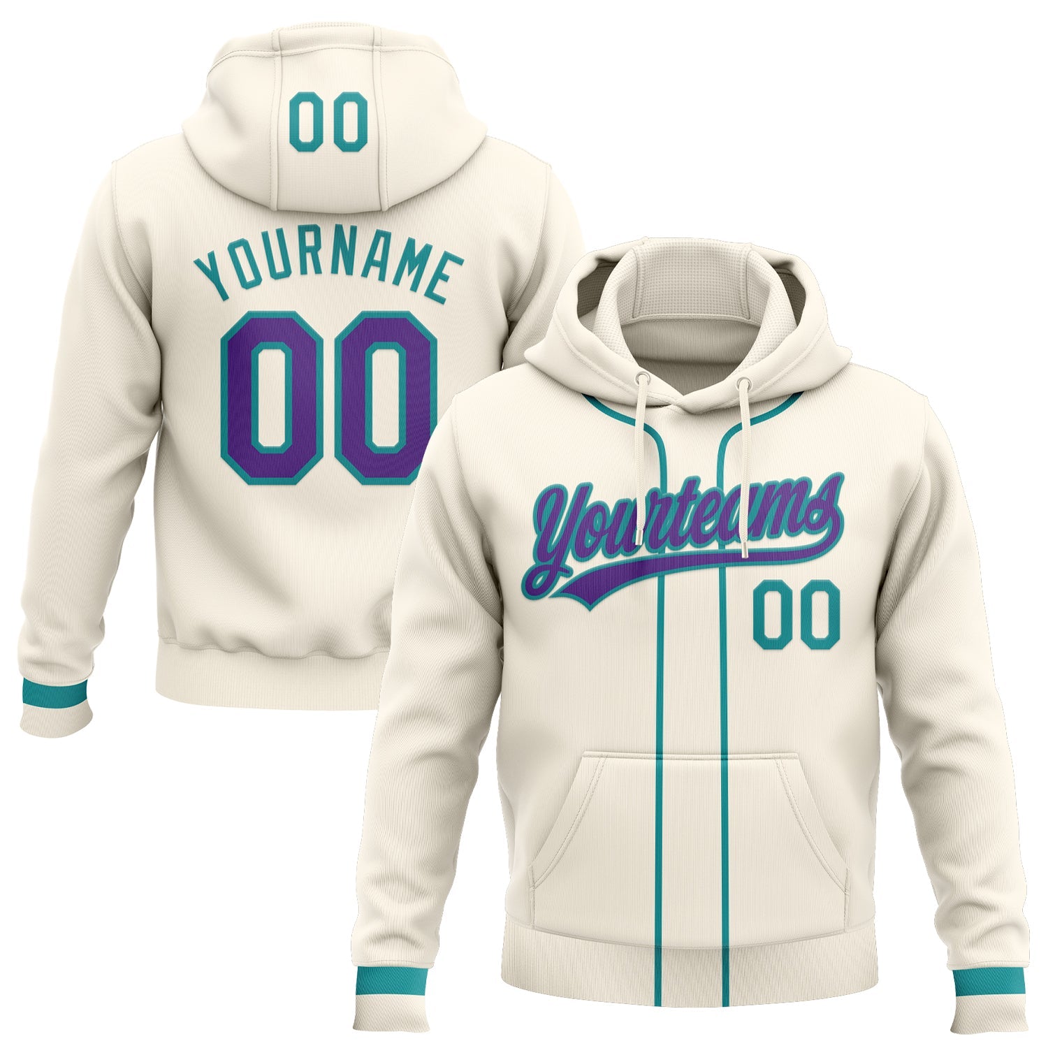 Custom Stitched Cream Purple-Teal Baseball Pullover Sweatshirt Hoodie - Main View