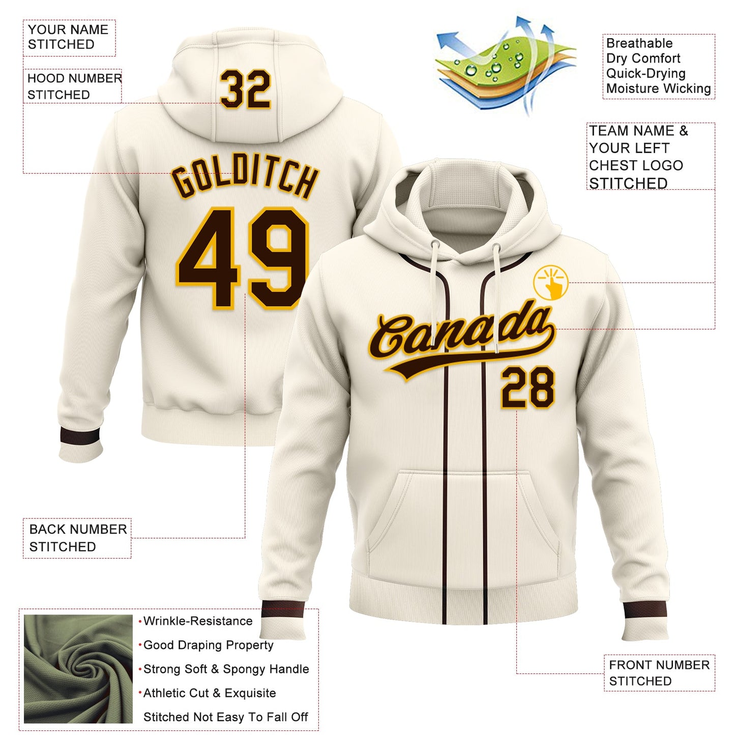 Custom Stitched Cream Brown-Gold Baseball Pullover Sweatshirt Hoodie view 2
