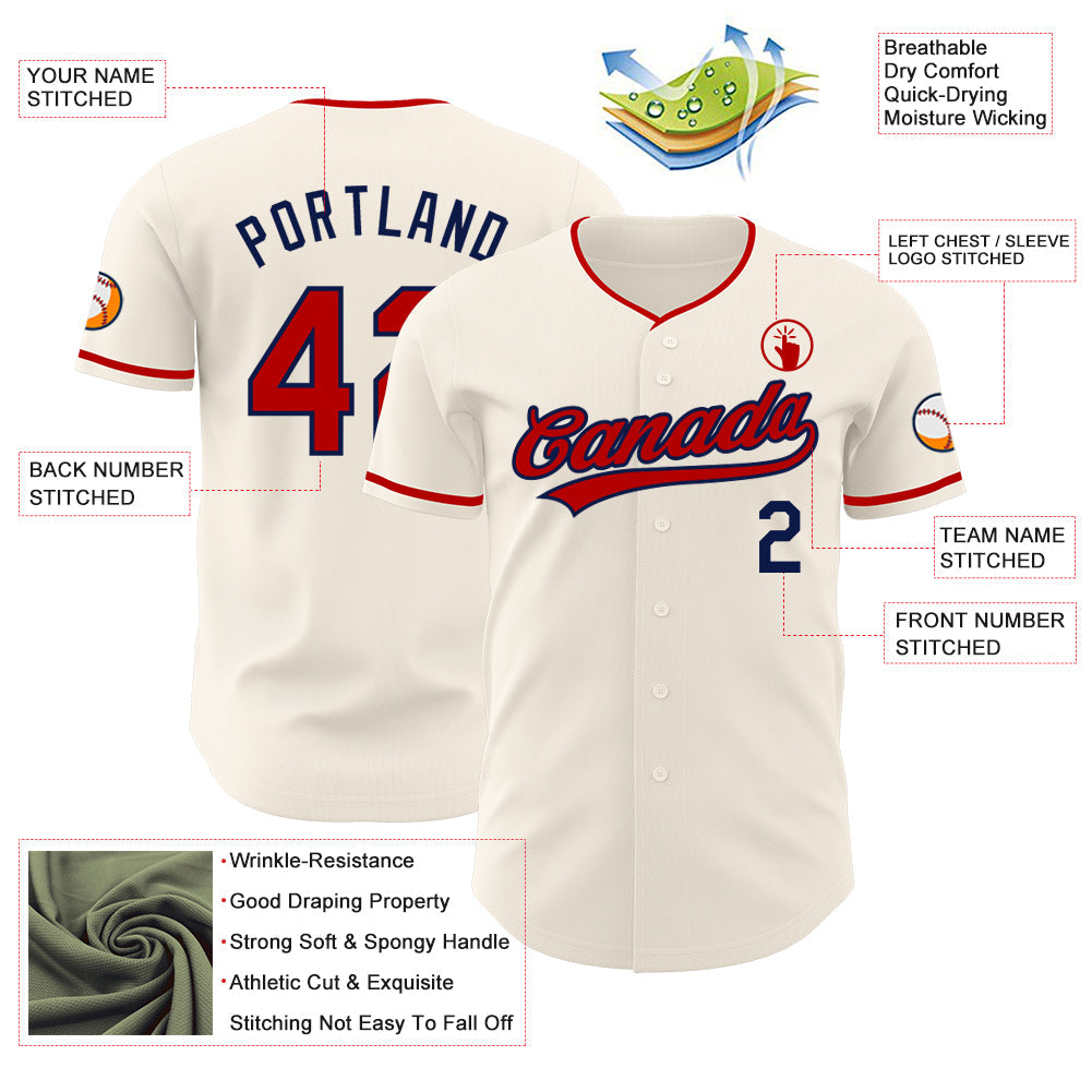 Custom Cream Red-Navy Authentic Baseball Jersey view 3