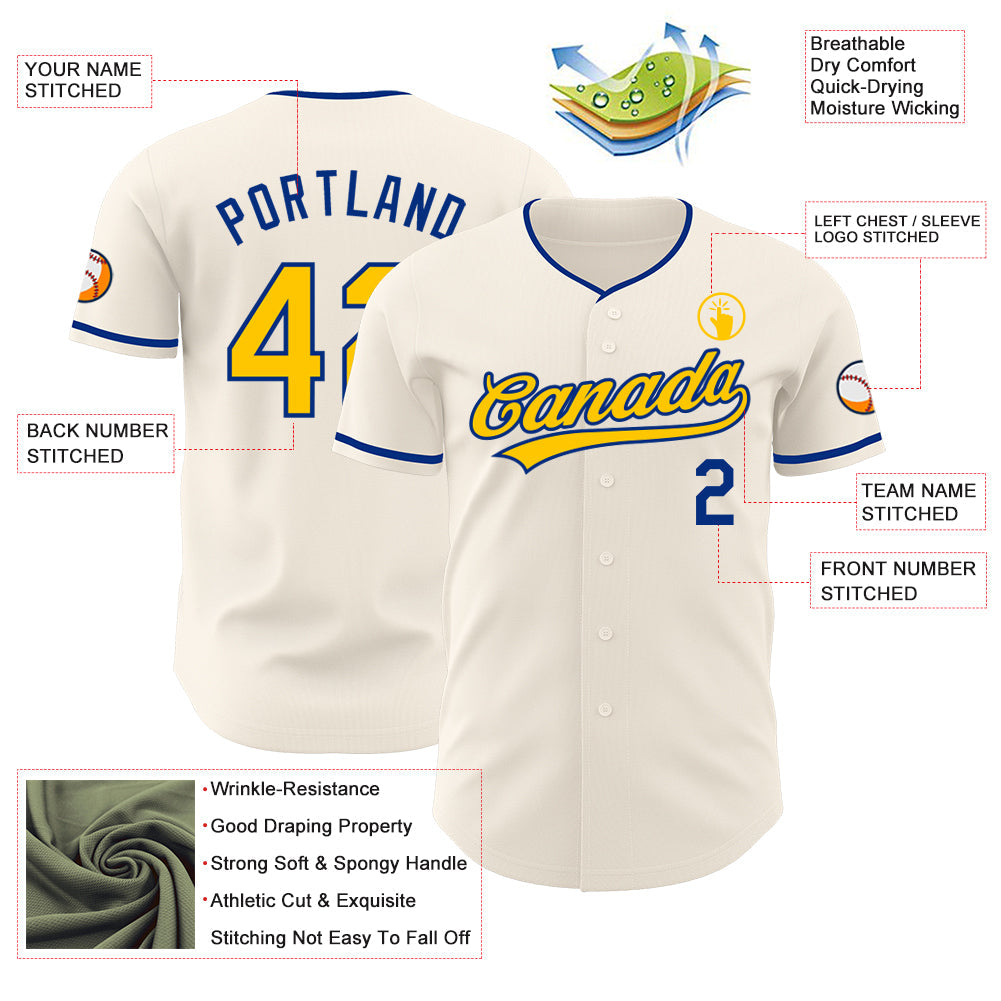 Custom Cream Yellow-Royal Authentic Baseball Jersey view 3