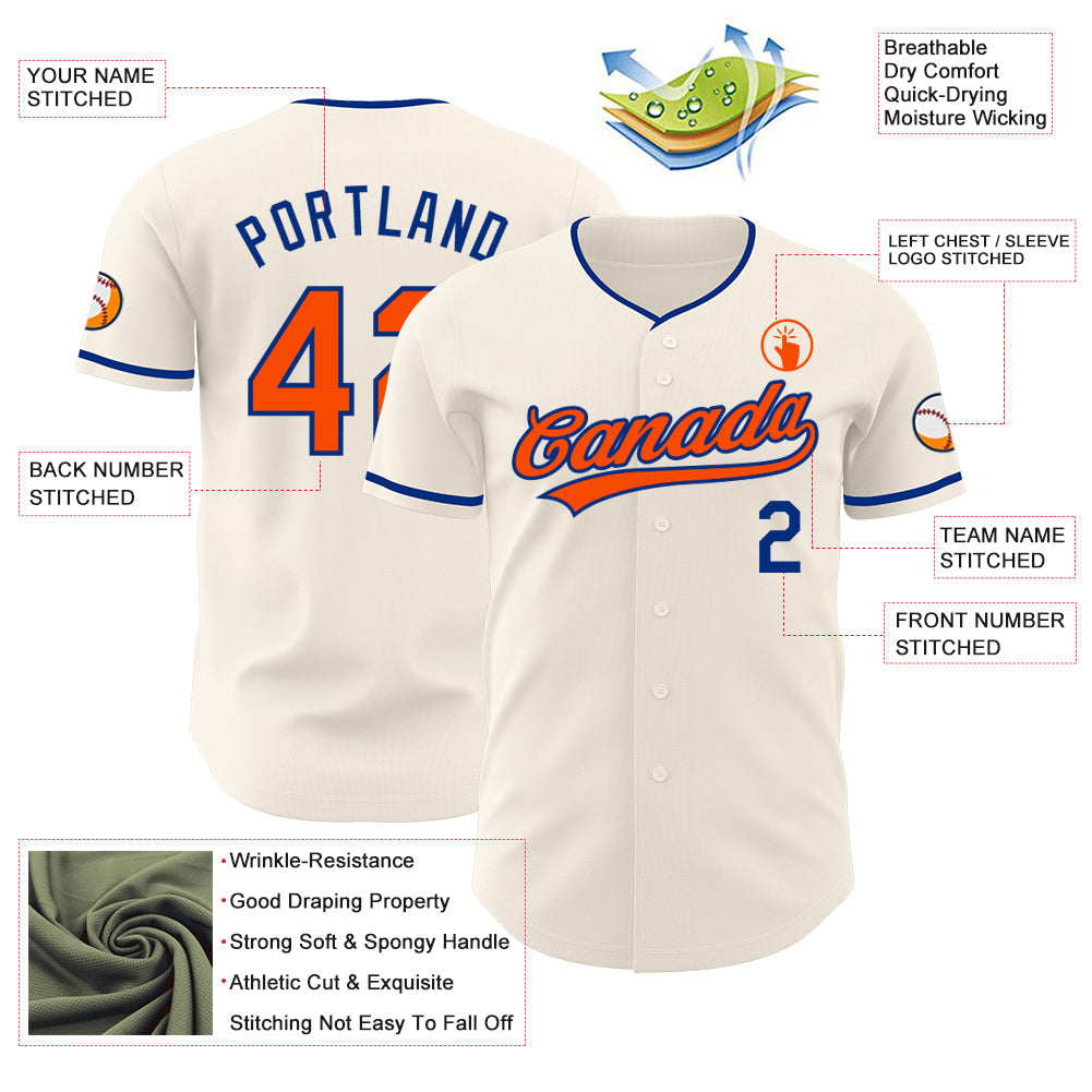 Custom Cream Orange-Royal Authentic Baseball Jersey view 3