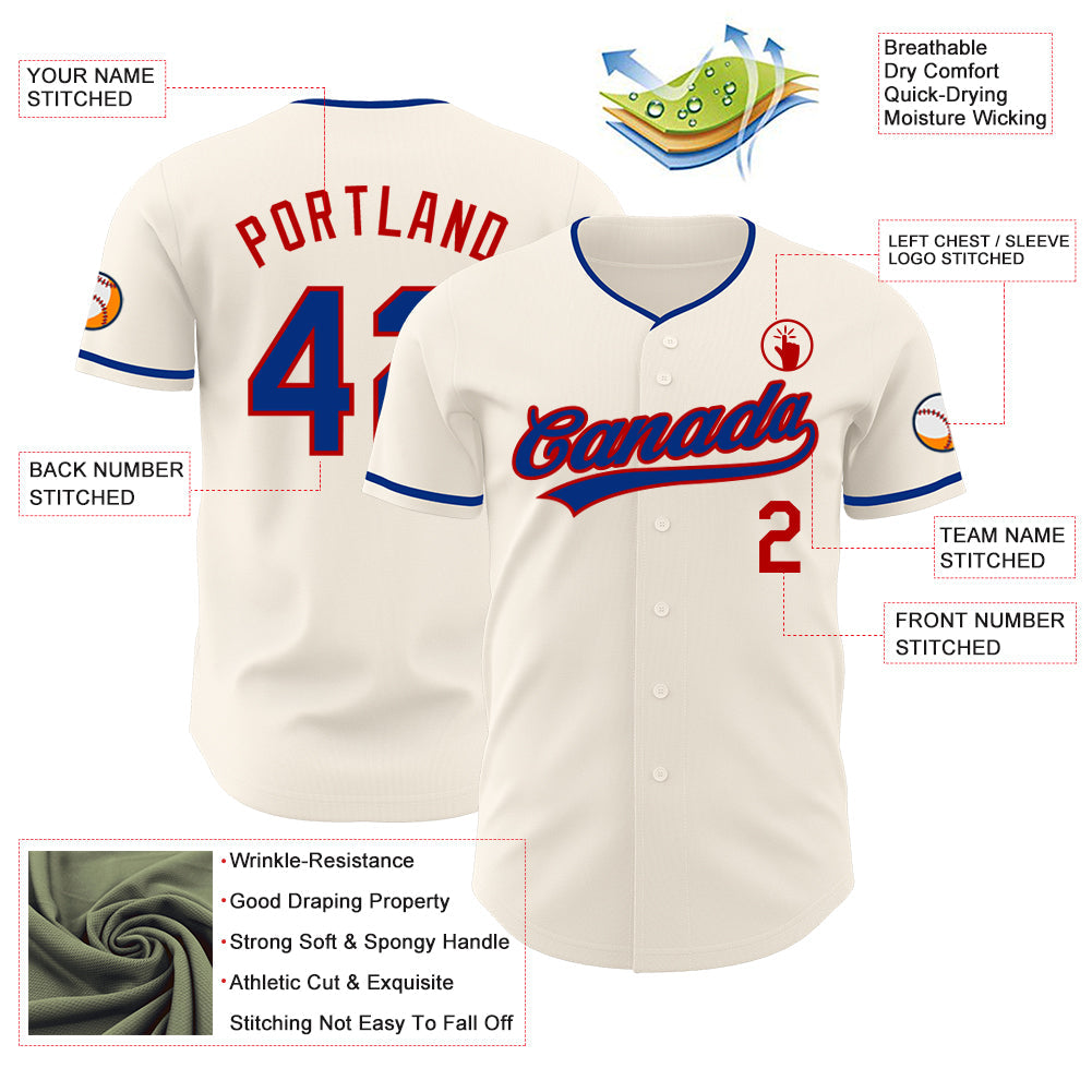 Custom Cream Royal-Red Authentic Baseball Jersey view 3