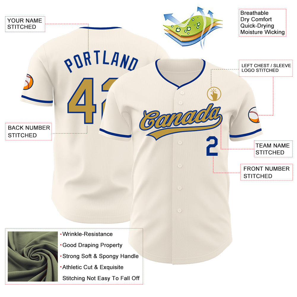 Custom Cream Old Gold-Royal Authentic Baseball Jersey view 3