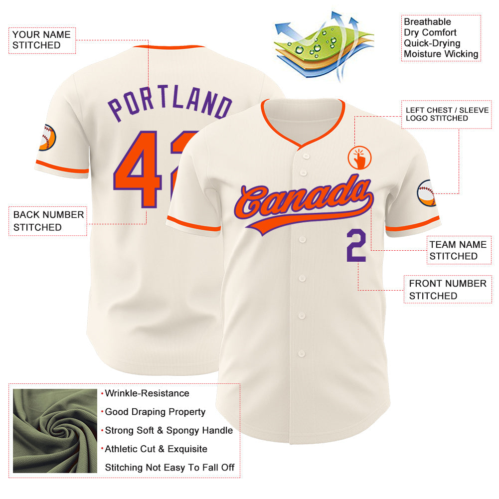 Custom Cream Orange-Purple Authentic Baseball Jersey view 3