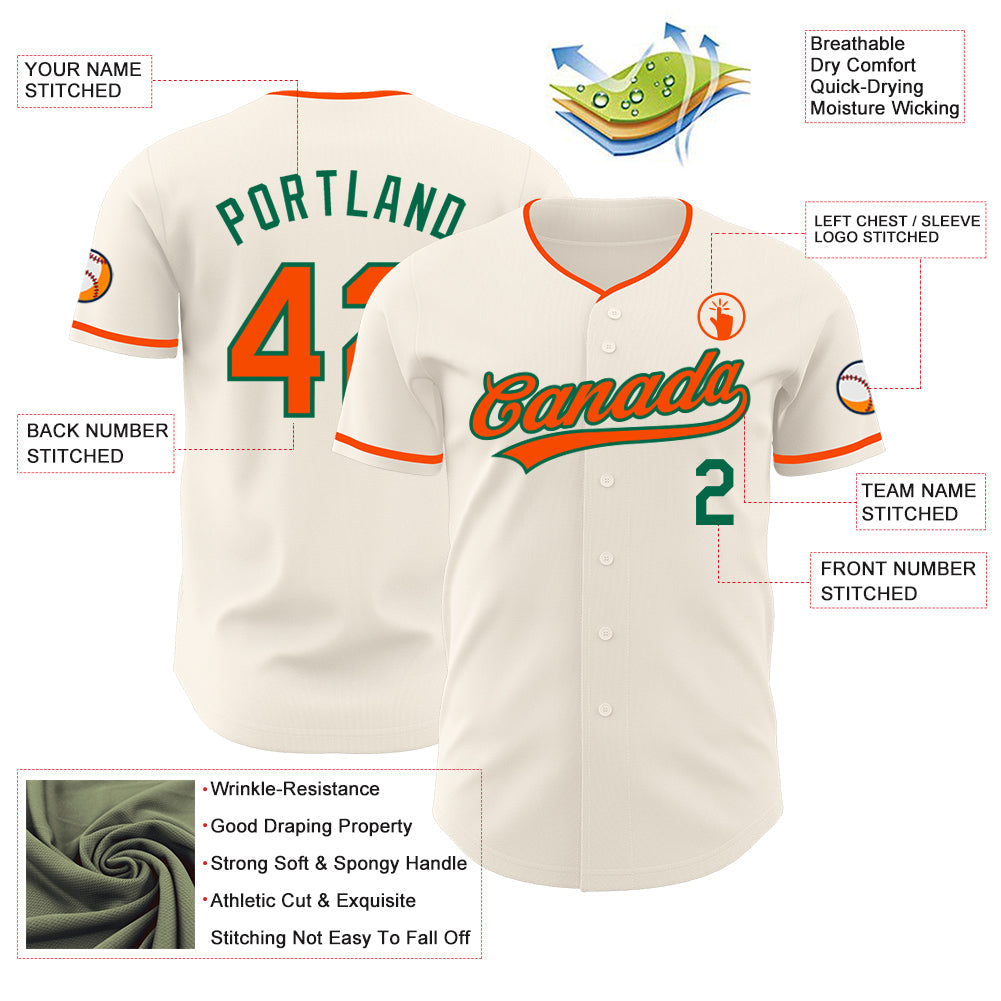 Custom Cream Orange-Kelly Green Authentic Baseball Jersey view 3