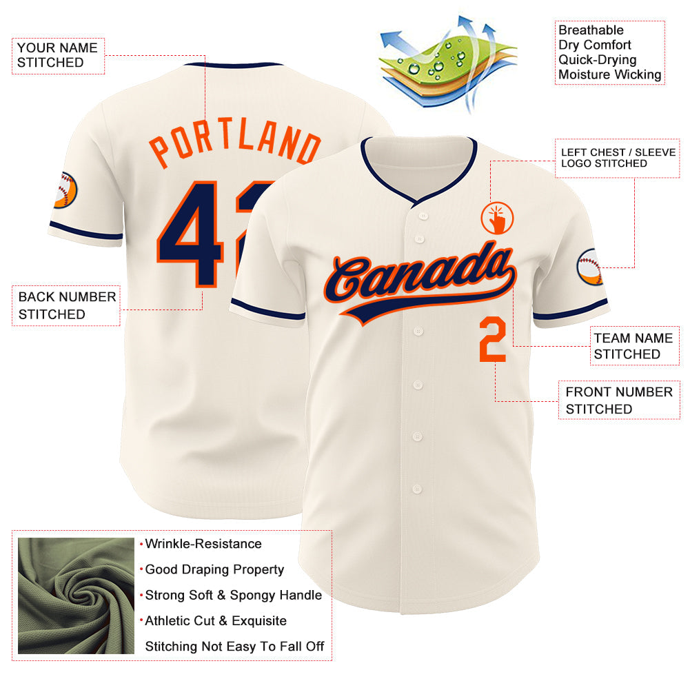 Custom Cream Navy-Orange Authentic Baseball Jersey view 3