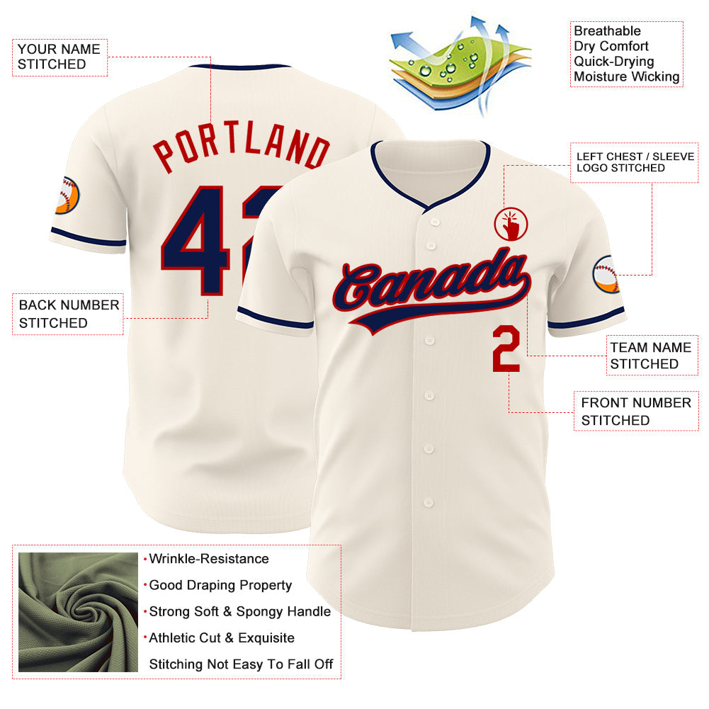 Custom Cream Navy-Red Authentic Baseball Jersey view 3