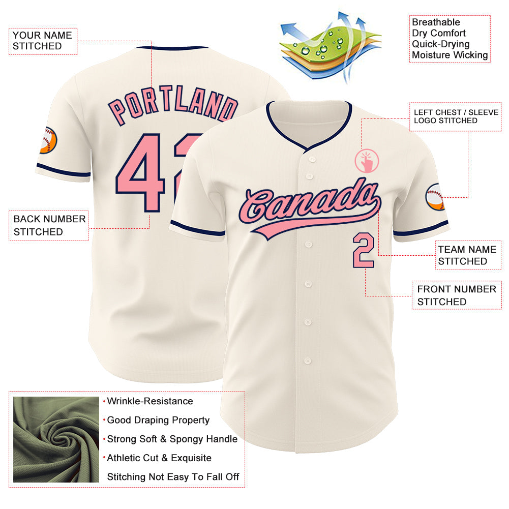 Custom Cream Medium Pink-Navy Authentic Baseball Jersey view 3