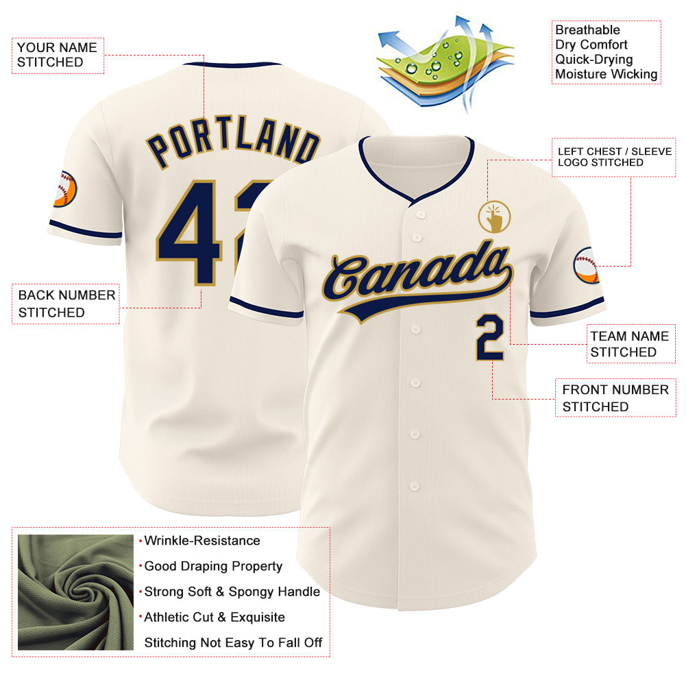 Custom Cream Navy-Old Gold Authentic Baseball Jersey view 3
