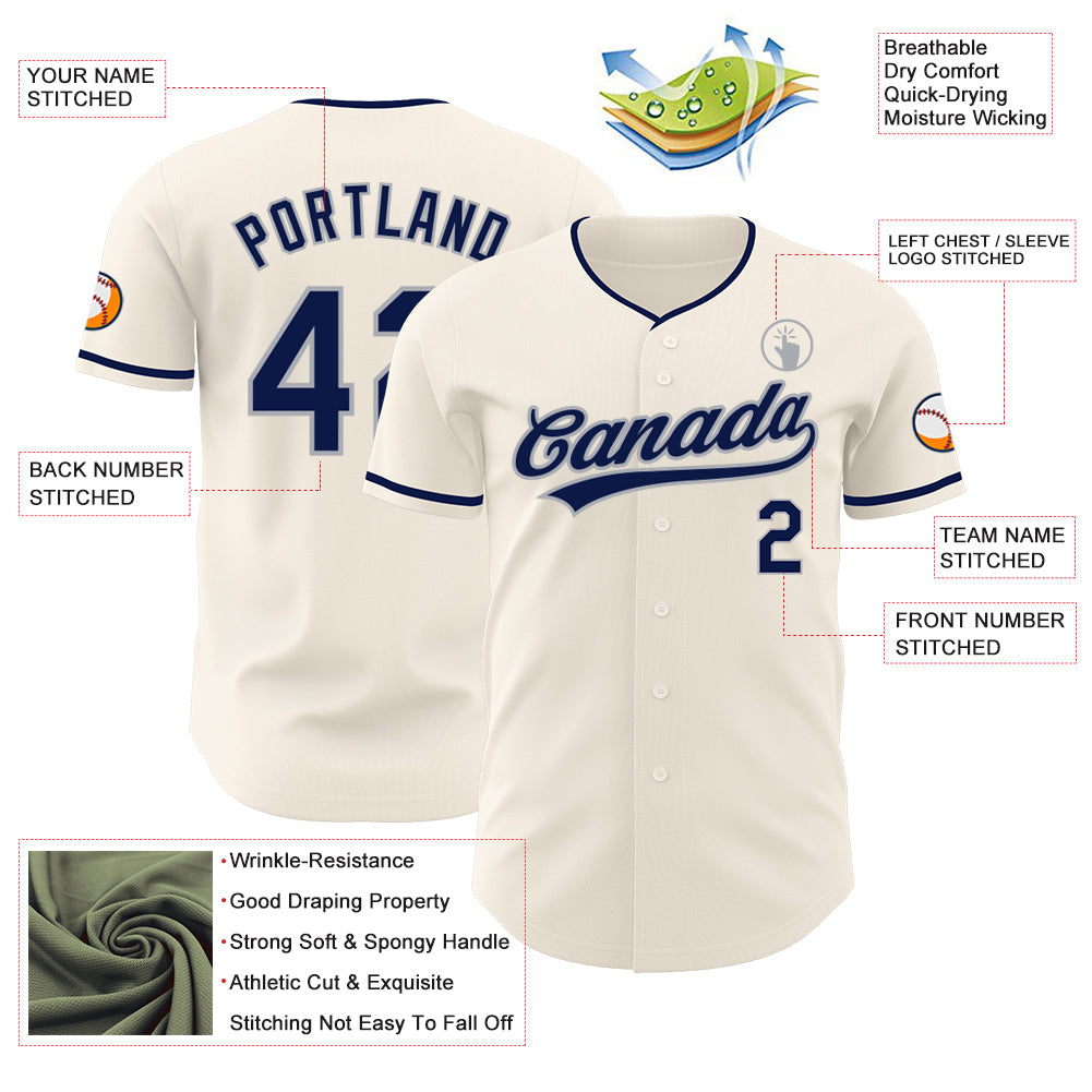 Custom Cream Navy-Gray Authentic Baseball Jersey view 3